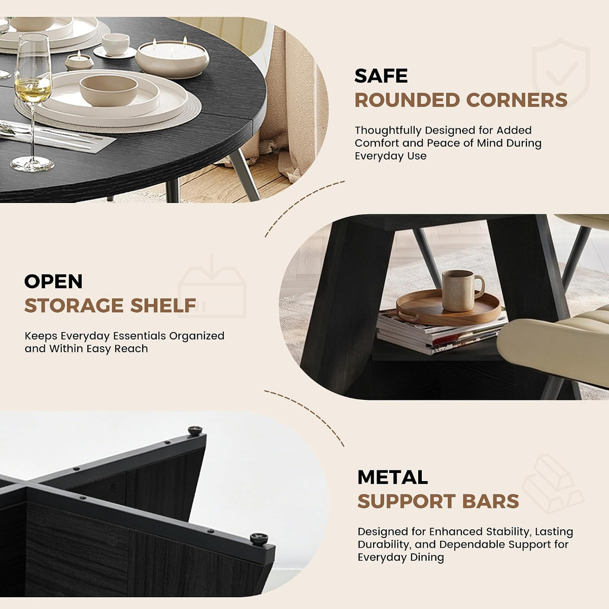 Miereirl Extendable Dining Table Set for 4-6, 47.24"-63" Round to Oval Dining Table Set with Upholstered Chairs, Hidden Storage Shelf, Kitchen & Dining Room Furniture for Apartment