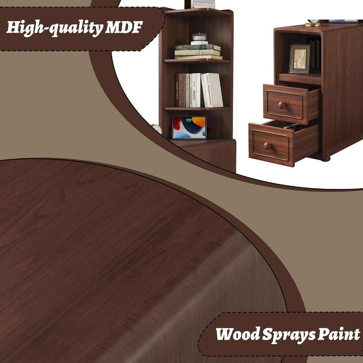 Walnut Corner Tables with Drawers & Open Shelves, Tall & Bedside Nightstands with Charging Station for Living Room & Bedroom
