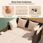 Tangkula Patio Rattan Daybed with Retractable Canopy, Outdoor Wicker Sunbed with 2 Foldable Side Tables, Thick Seat & Back Cushions, Outside Double Daybed for Garden, Backyard, Porch, Beige & Brown