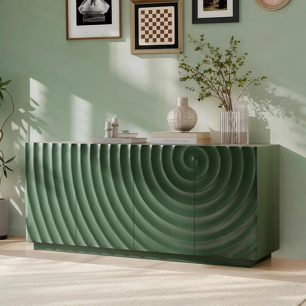 LKTART 59" Sideboard Buffet Cabinet with Storage, 4 Doors Modern Accent Storage Sideboard, Floor Cabinet Buffet with Spiral Grain for Kitchen, Living Room (Green)