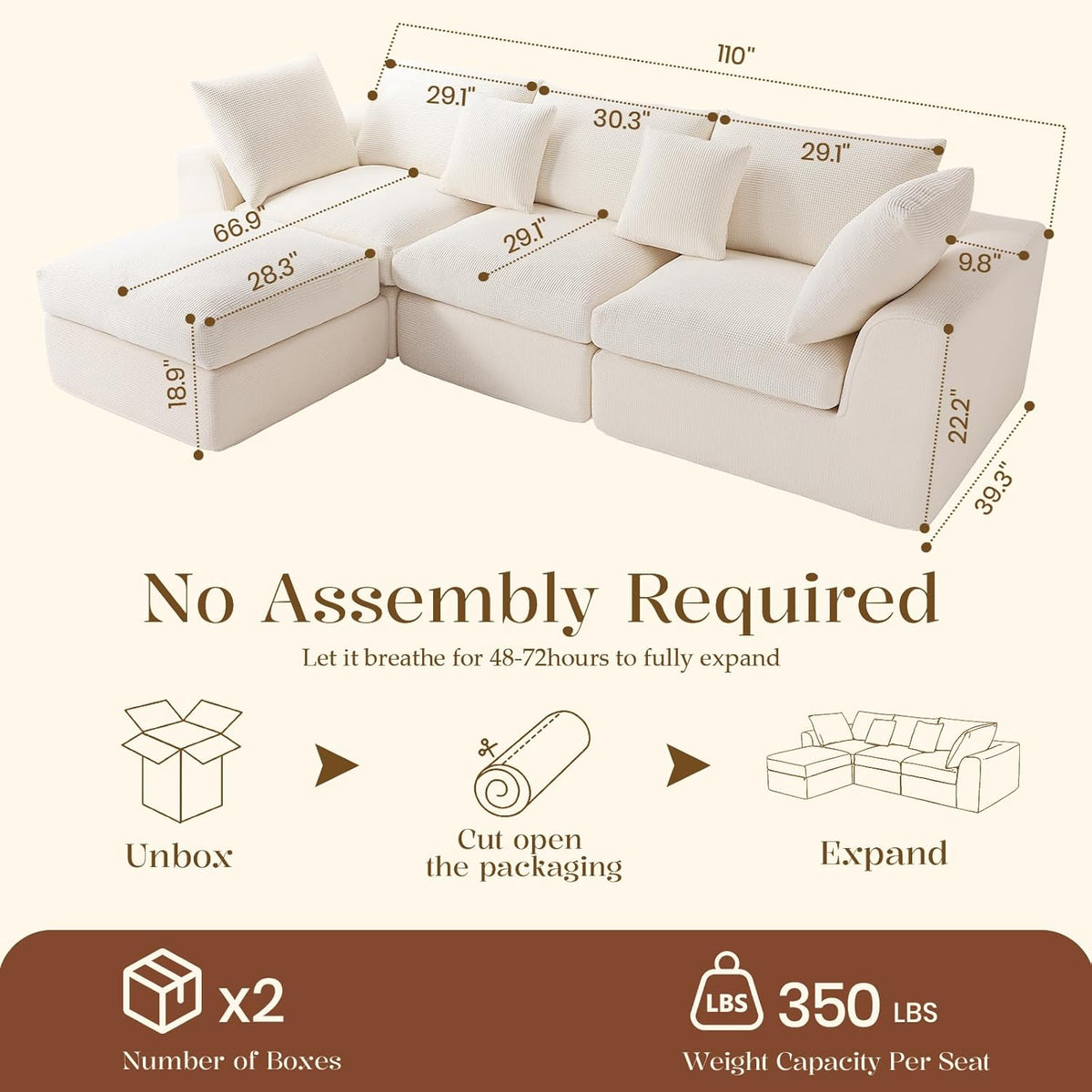 Benazcap 110" Cloud Sectional Couches for Living Room, L-Shaped Convertible Sofa, 3-Seat Modular Couch with Movable Ottoman, Beige