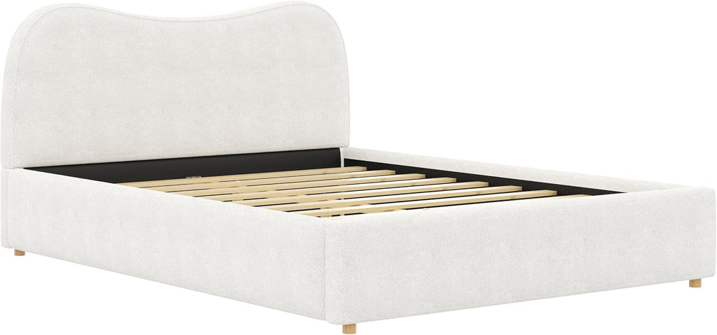 SOFTSEA Queen Size Cloud Bed Frame with Headboard, Boucle Upholstered Platform Bed Frame with Soft Rounded Corners, Wood Slat Support, No Box Spring Needed, Noise-Free, White