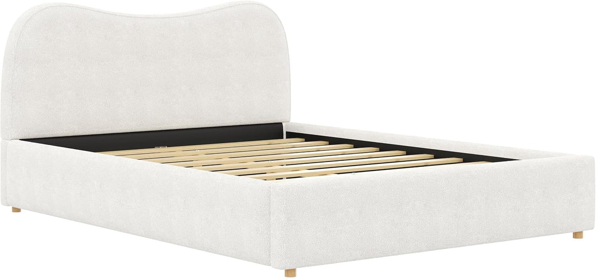 SOFTSEA Queen Size Cloud Bed Frame with Headboard, Boucle Upholstered Platform Bed Frame with Soft Rounded Corners, Wood Slat Support, No Box Spring Needed, Noise-Free, White