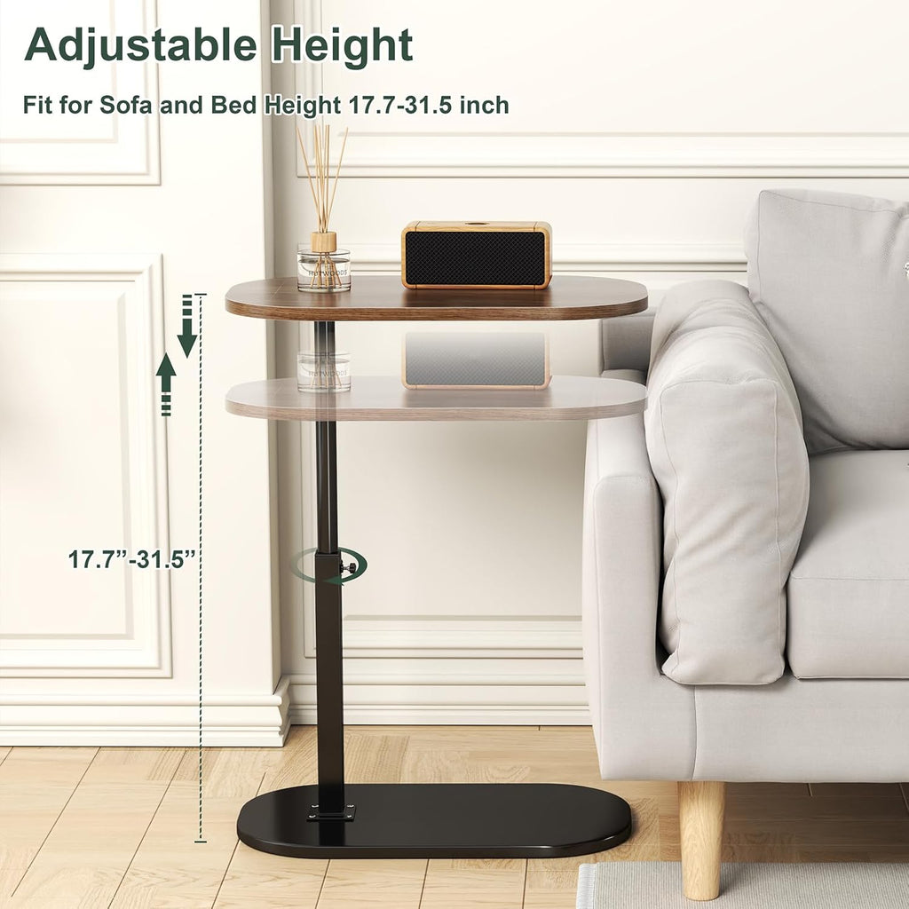 C Shaped Side Table, Adjustable Height C Shaped End Table, 360°Swivel Couch Side Tables that Slide Under, Modern Small Coffee C Table End Table for Sofa/Bed/Bathtub, Rotating Tabletop (Light Wood)