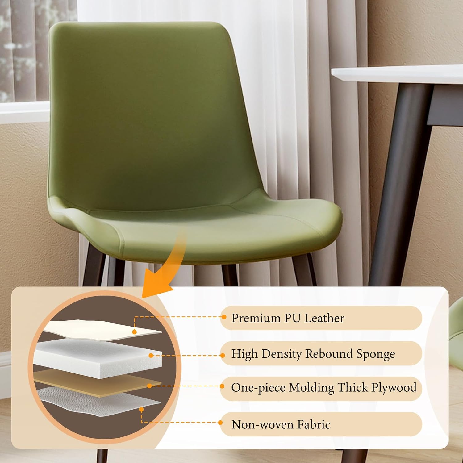 Modern Dining Chairs Set of 8, PU Leather Upholstered Dinner Chairs with Sturdy Metal Legs and Comfort Backrest, Armless Accent Side Chairs for Home Kitchen, Living Room (Green)