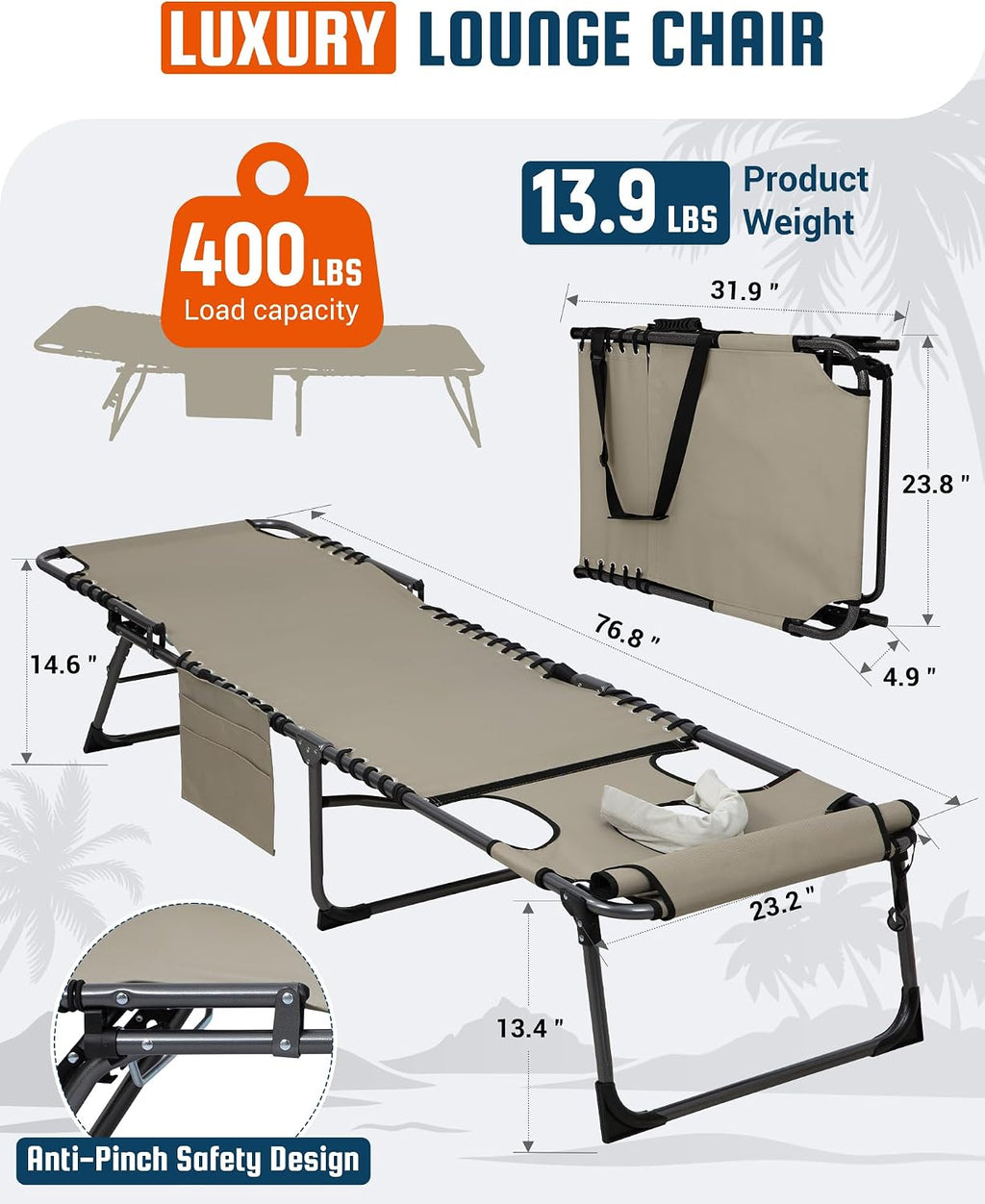 KingCamp 400LBS Tanning Chair with Face Hole, Beige