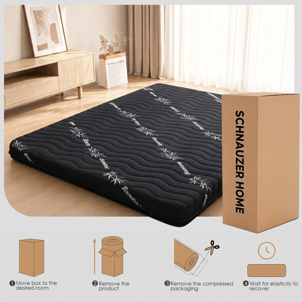Japanese Floor Futon Mattress, 3.5" Thick Viscose Derived from Bamboo, Twin | Breathable Foldable Futon Mattress Tatami Mat, 100% High Density Foam, Roll Up Floor Bed for Guest Room Bedroom RV, Black