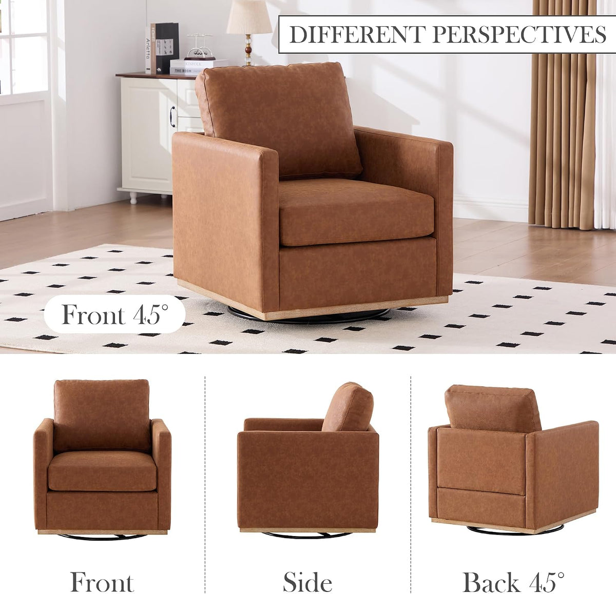 Aoiy & Wifon 30.7" W Swivel Accent Chair, Mid Century Modern Swivel Chair for Living Room, Comfy Small Accent Chair, PU Leather, Brown