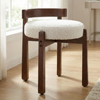HNY Modern Boucle Ottoman : Upholstered Vanity Chair with Solid Wood Legs, Cute Round Footrest for Bedroom & Living Room, White