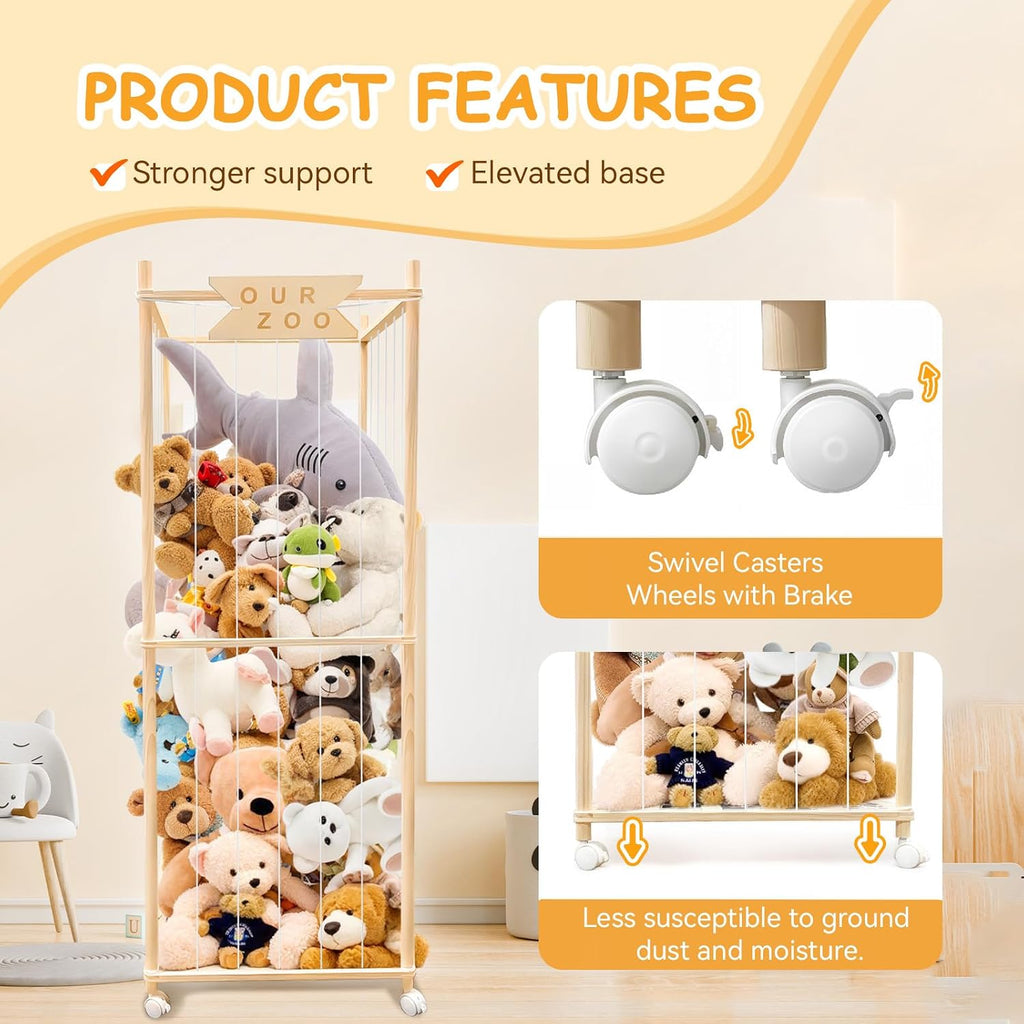 Stuffed Animal Storage Zoo with Wheels, Wooden Large Stuff Animals Plushies Holder, 22.5" D x 22.5" W x 64" H Toy Organizer Storage Cage with Elastic Band and Net for Nursery Playroom Bedroom