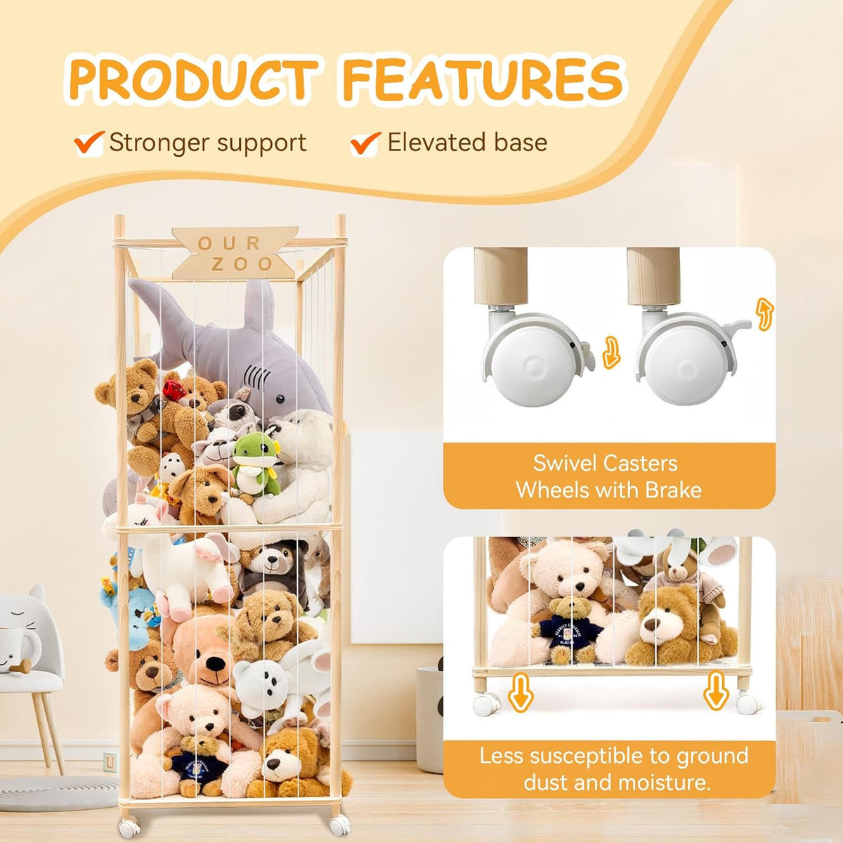 Stuffed Animal Storage Zoo with Wheels, Wooden Large Stuff Animals Plushies Holder, 22.5" D x 22.5" W x 64" H Toy Organizer Storage Cage with Elastic Band and Net for Nursery Playroom Bedroom