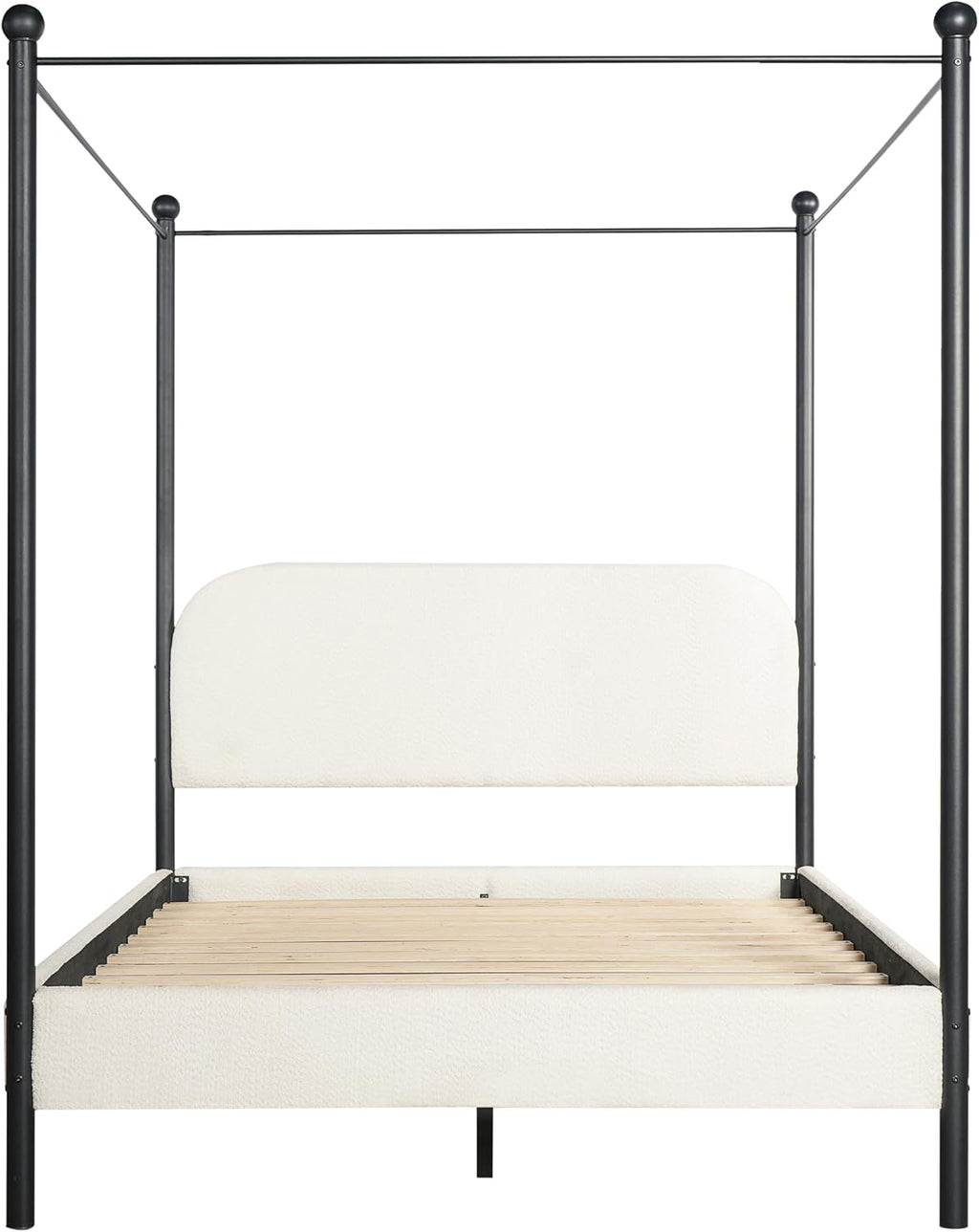 Christopher Knight Home Queen Size Upholstered Canopy Bed Frame with Boucle Fabric, Curved Headboard and Iron Legs, Modern Platform Bed Frame with Slats No Box Spring Needed, White