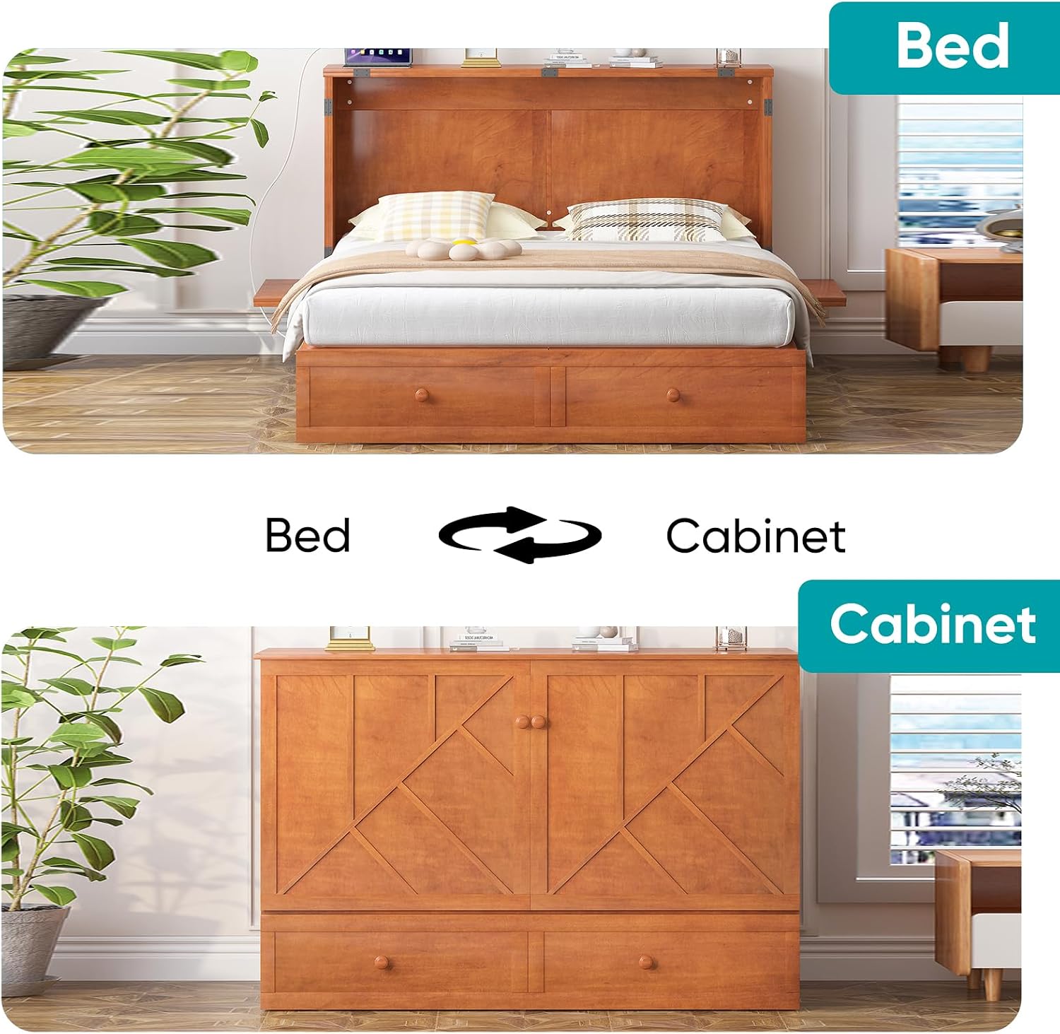 BALUS Murphy Bed Queen Size with Mattress, Queen Murphy Cabinet Bed-Cherry | Tri-Fold Mattress, USB Charing Station, Spacious Drawer, Space Saving, Queen Bed Frame
