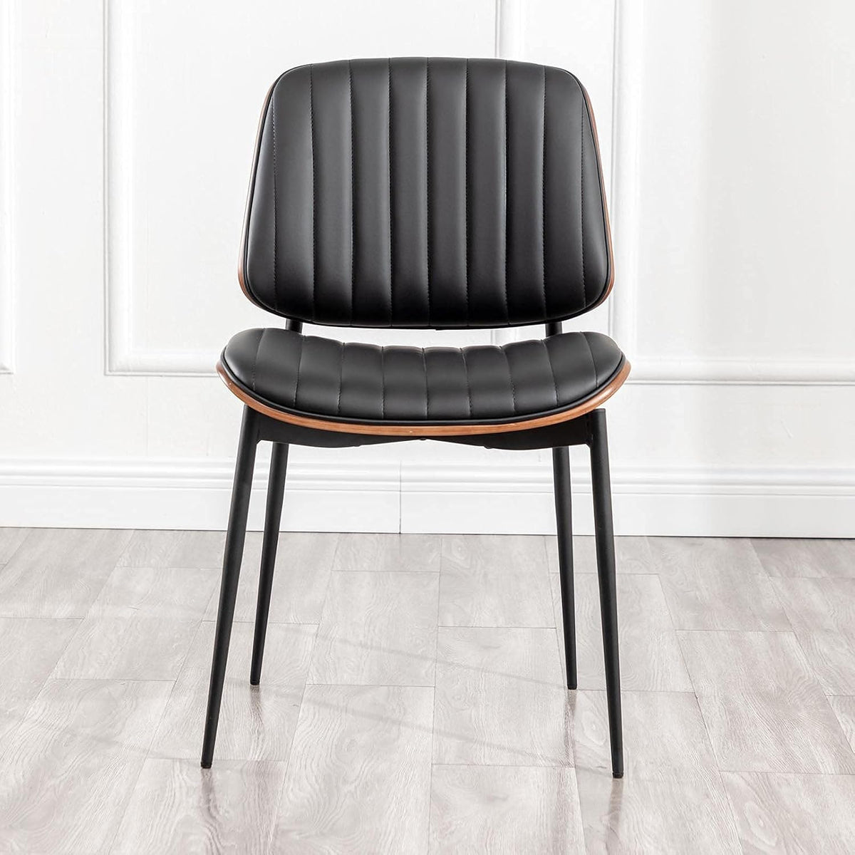 LUNLING Dining Chairs Set of 2 Mid Century Modern Retro Faux Leather Chair with Walnut Bentwood Upholstered Seat Metal Legs Chairs,Adjustable Foot for Kitchen Dining Room Chairs(Black)