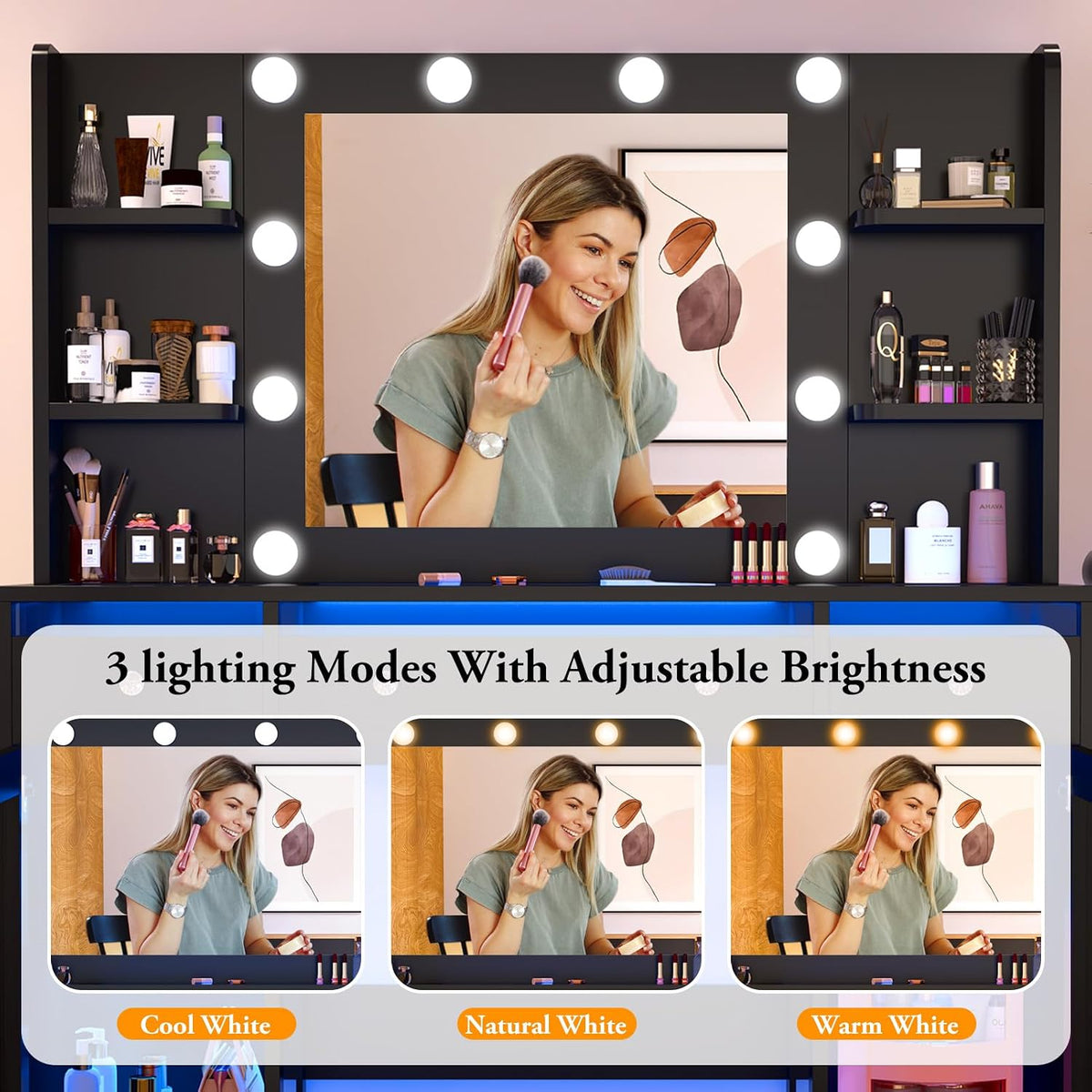 Vanity Desk W/6000-Colors Light&Power Outlet,Makeup Vanity Desk W/LED Mirror and Lights 3 Colors,Transparent GlassTop W/3 RGB Drawers,Hair Tool Holder,2 Large Tempered Cabinets for Bedroom(Black 2)