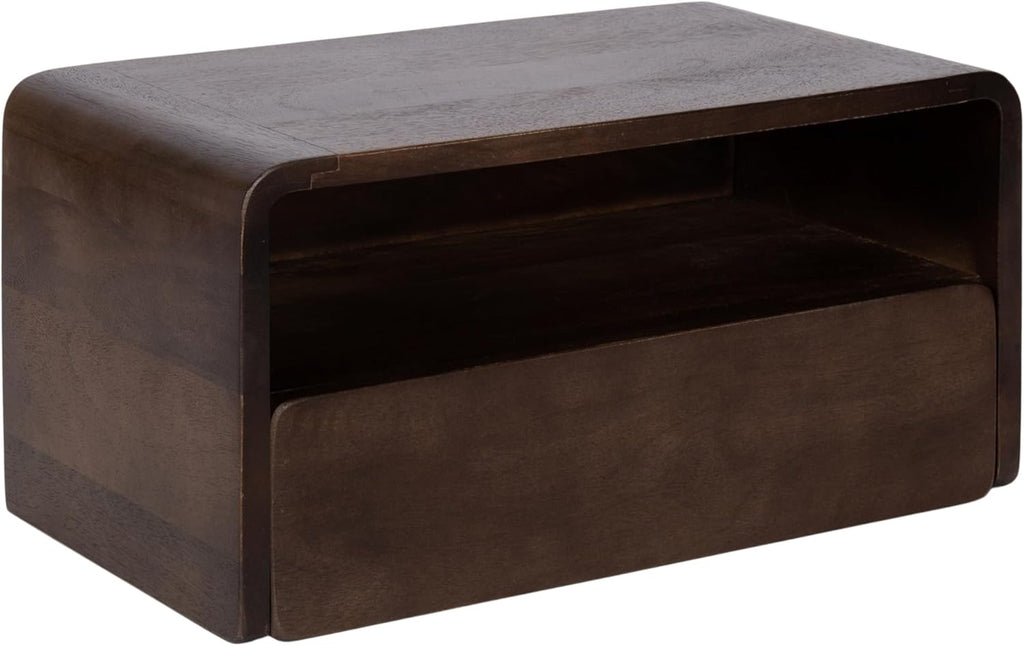 Kate and Laurel Kato Modern Mango Wood Floating Side Table with Drawer, 18 x 10 x 9, Dark Brown, Contemporary Wooden Floating Nightstand for Bedroom Bedside Table or Living Room Wall Storage