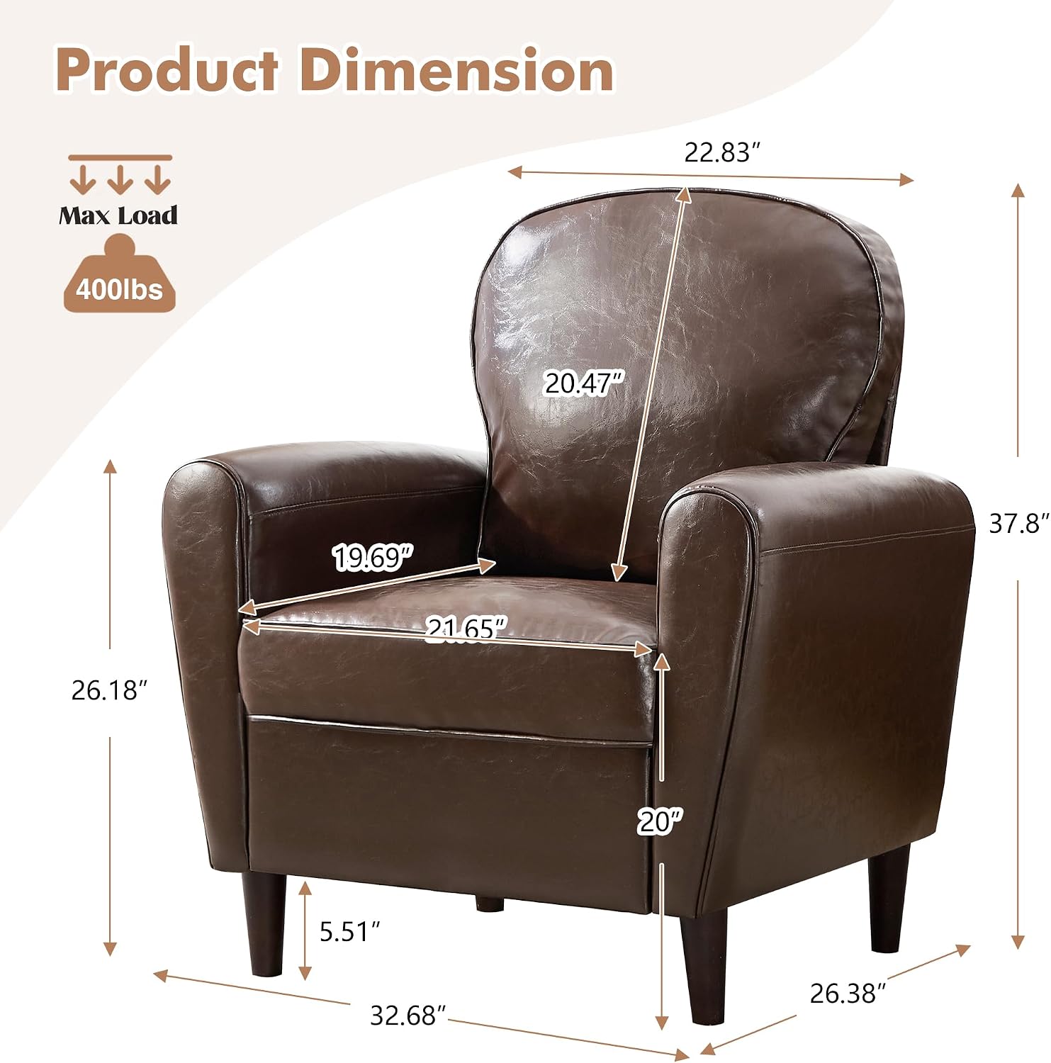 Mid Century Accent Chair, Modern Faux Leather Arm Chair, Comfy Upholstered Reading Chair Single Sofa Chairs for Living Room, Bedroom, Club, PU Coffee