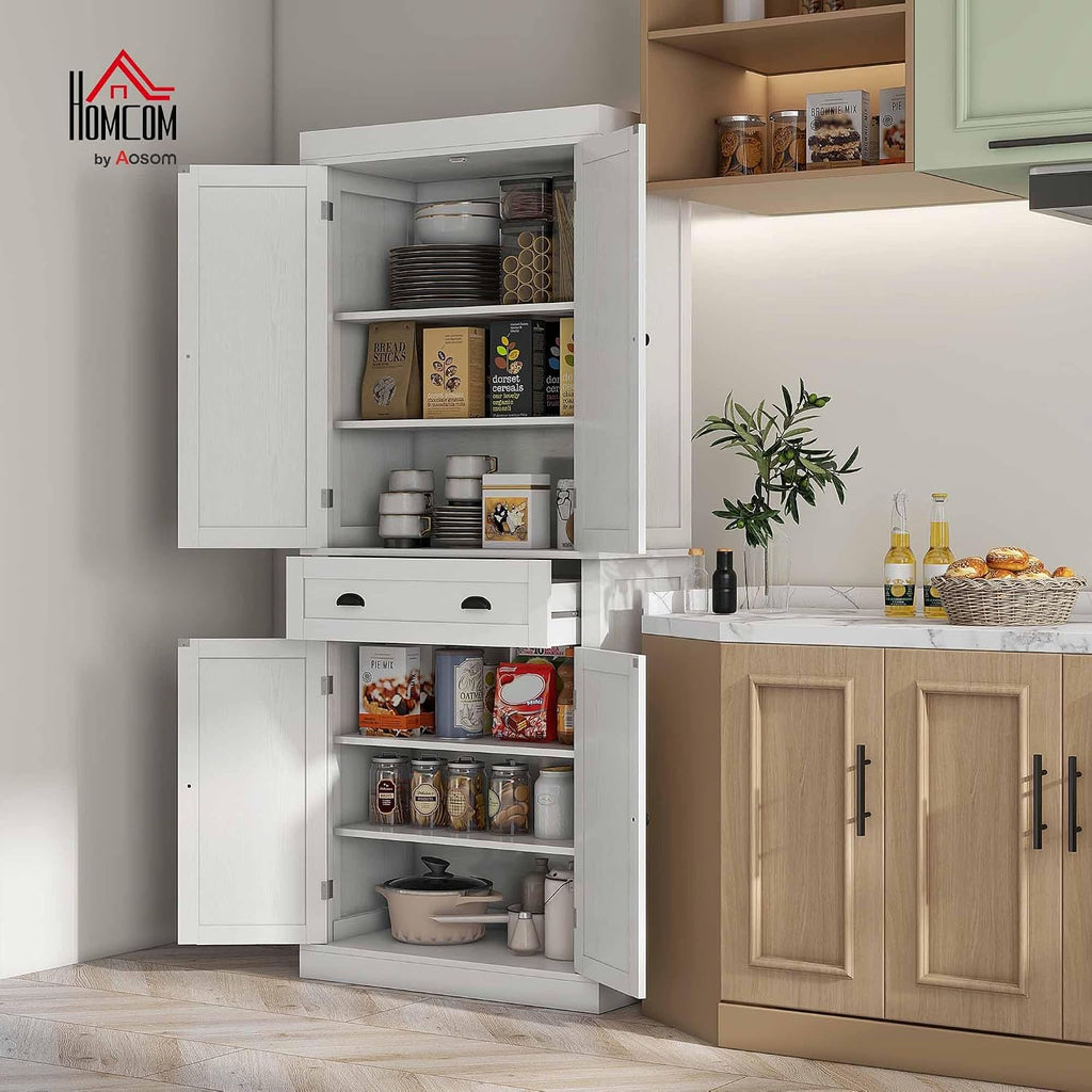 HOMCOM 72.5" Kitchen Pantry Cabinet Freestanding 4 Doors White Wood Grain | Traditional Storage Cabinet, Drawer, 3 Adjustable Shelves, for Dining Room