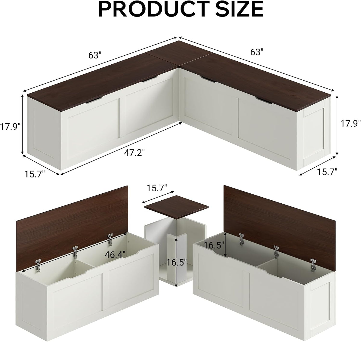 L Shaped Bench with Storage, 63" Breakfast Nook Benches, Kitchen Corner Dining Bench Seating for Entryway Dining Room, Kitchen, Walnut and White