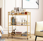 Square Gold Bar Carts with 3 Tier Storage Glass Shelves Holder Home Serving Bar Carts on Wheels for Kitchen, Bar, Dinning Room