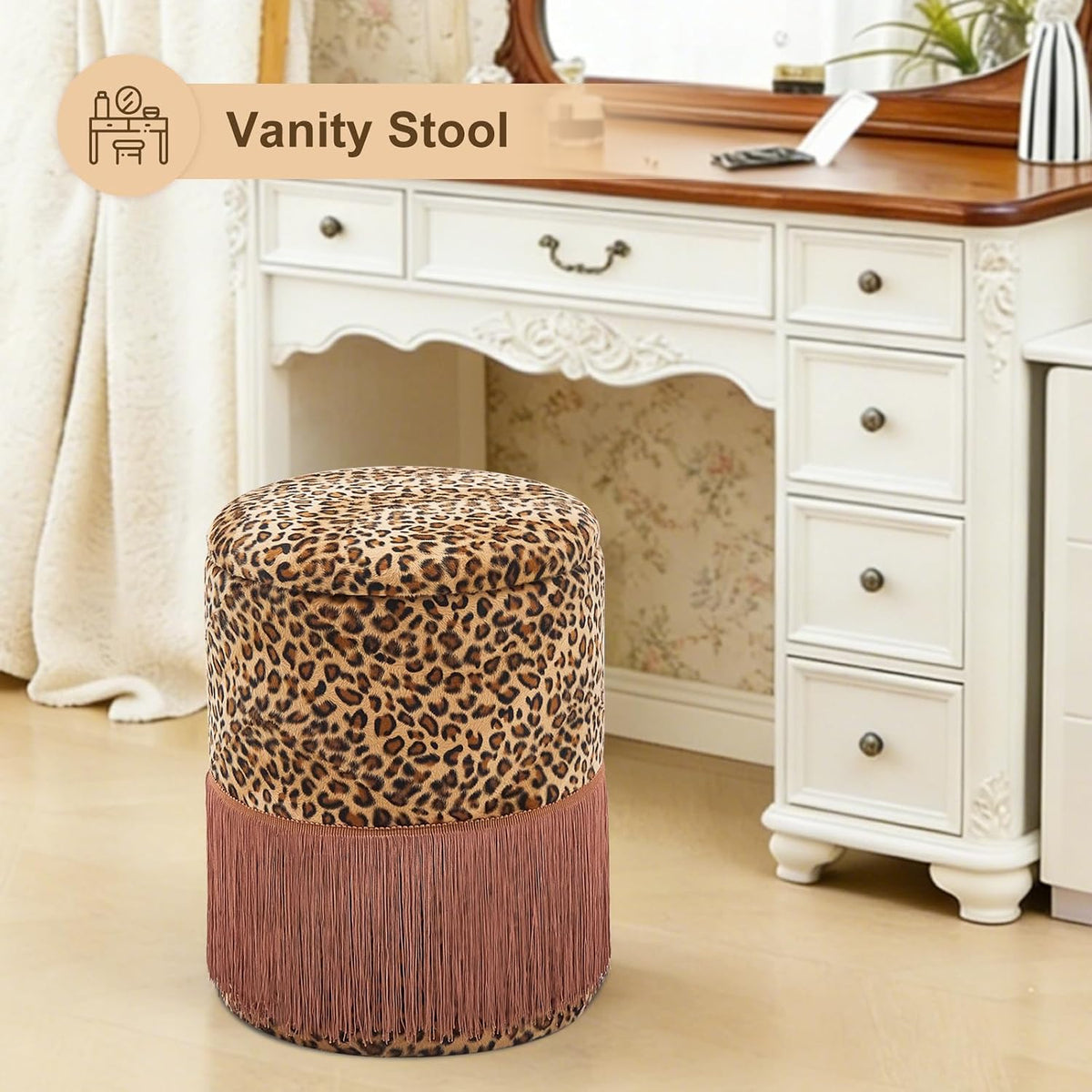 Round Leopard Print Fringe Ottoman with Storage, Farmhouse Tassel Velvet Footrest Stool, Flip Top Vanity Ottoman Chair for Living Room Bedroom