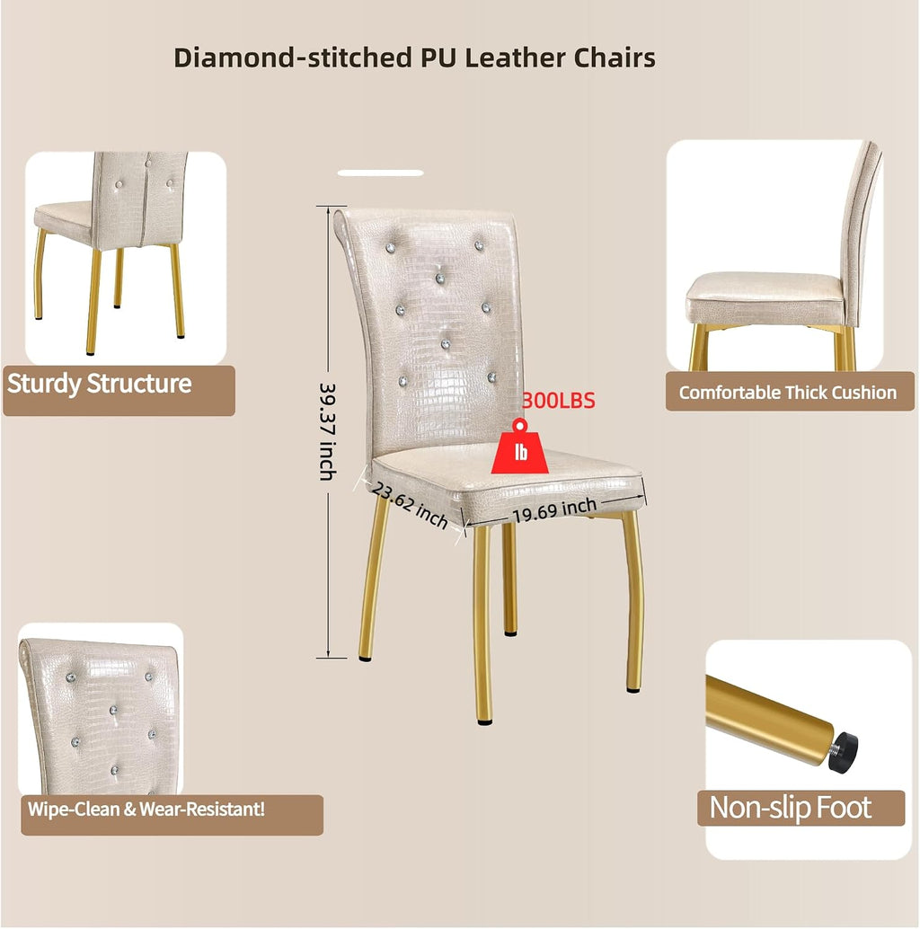 71" Dining Table Set for 6, White Faux Marble Dining Room Table Set for 6 with PU Leather Chairs and Gold Metal Legs, Easy Clean Kitchen Dining Set