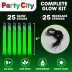 Party City Green Glow Sticks Bulk Pack 6”- 25pk Glow in the Dark Sticks for Kids, Waterproof Camping Survival Ultra Bright Emergency Light Stick with String, Neon Glowsticks Party Supplies Favors
