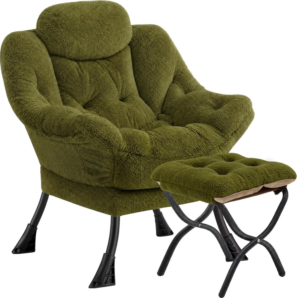 Lazy Chair with Folding Ottoman,Leisure Sofa Chair,Soft Fabric Armchair with Armrests and Side Pockets, Reading Chair with Footrest for Living Room, Bedroom, Office (Plush Green)