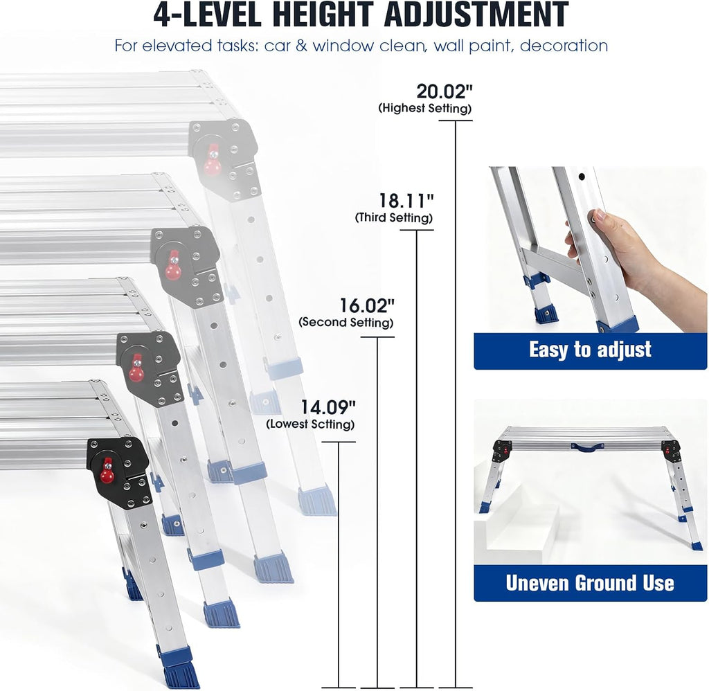 Aluminium Work Platform 660 Lbs, Portable Scaffolding Platform with One-Touch Automatic Fold, 4 Height Adjustment Step Stool, Perfect for RV Cleaning, Home Painting and Reaching High Places, Upgraded