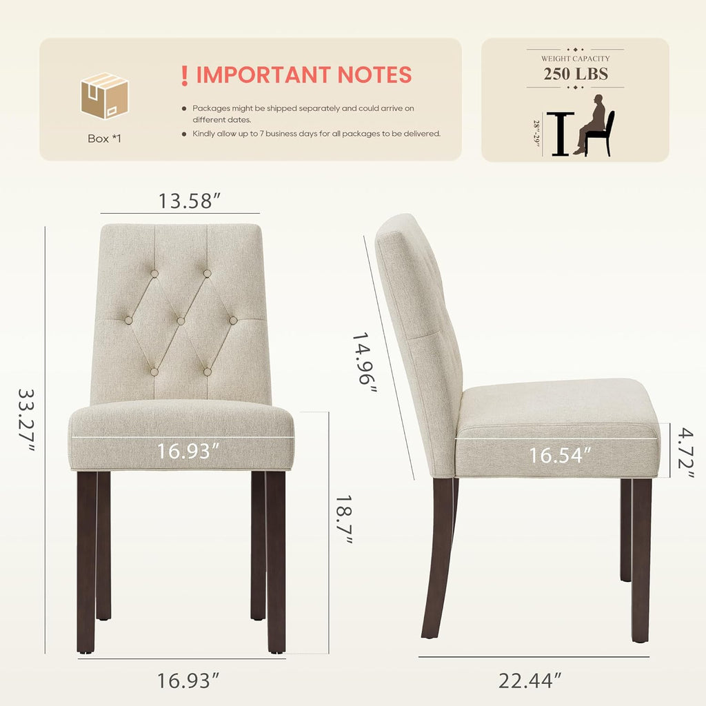 Upholstered Dining Chairs Set of 2, Modern Fabric Dining Chairs with Tufted Design, Kitchen Side Chairs, Farmhouse Dinner Chair with Wood Legs for Kitchen Restaurant Living Room, Beige