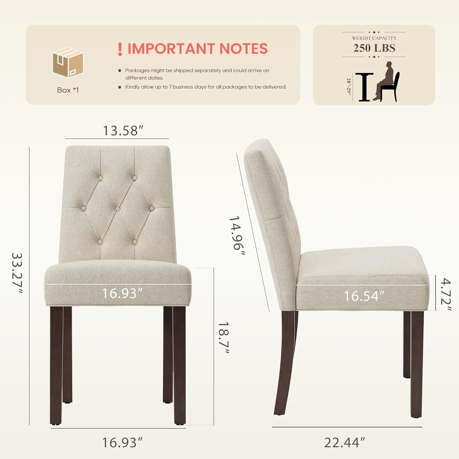 Upholstered Dining Chairs Set of 2, Modern Fabric Dining Chairs with Tufted Design, Kitchen Side Chairs, Farmhouse Dinner Chair with Wood Legs for Kitchen Restaurant Living Room, Beige