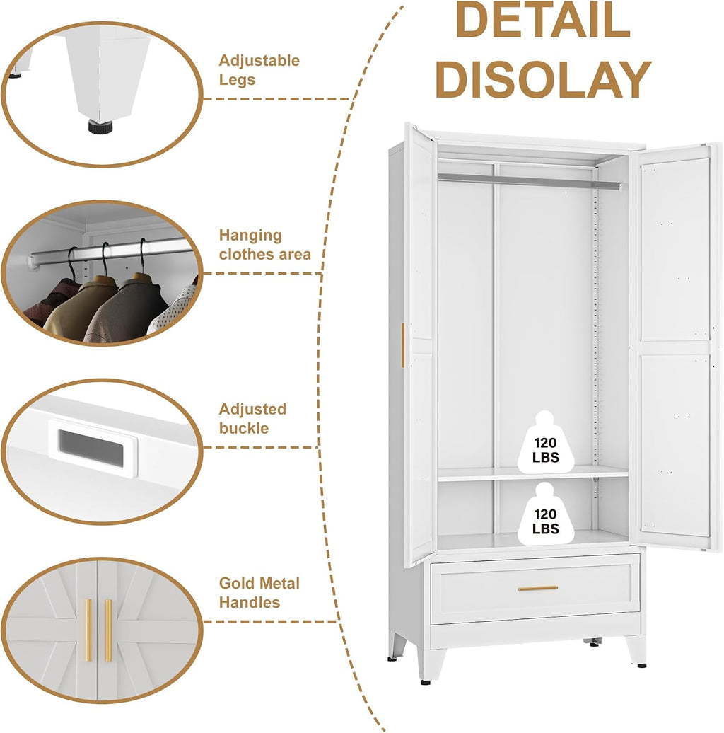 Metal Armoire Wardrobe Closet, Bedroom Armoires with Drawers | 71'' Metal Wardrobe Cabinet with 2 Doors and 2 Adjustable Shelves,Laundry Room Cabinets,Large Wardrobe Closet