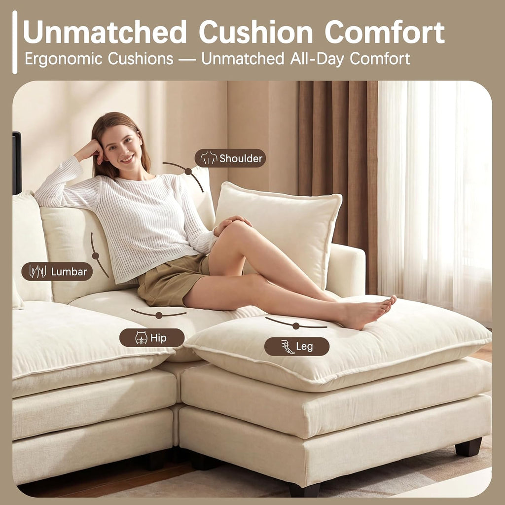 Modular Sectional Sofa for Living Room, 102" Oversized Cloud Couch with Movable Ottoman, 4 Seat Modern Comfy Sofa Chenille Deep Seat Couches with L Shape, for Office Bedroom Living Room