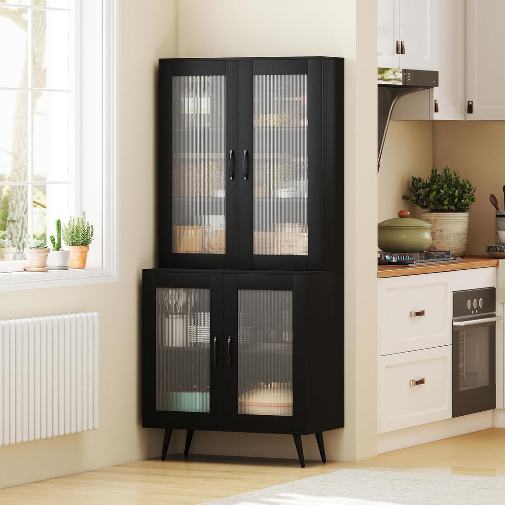 LOKO Kitchen Pantry Cabinet, Freestanding Storage Cupboard with Translucent Fluted Doors & Adjustable Shelf, Modern Tall Accent Cabinet Bookcase for Living Room, Dining Room, Home Office (Black)
