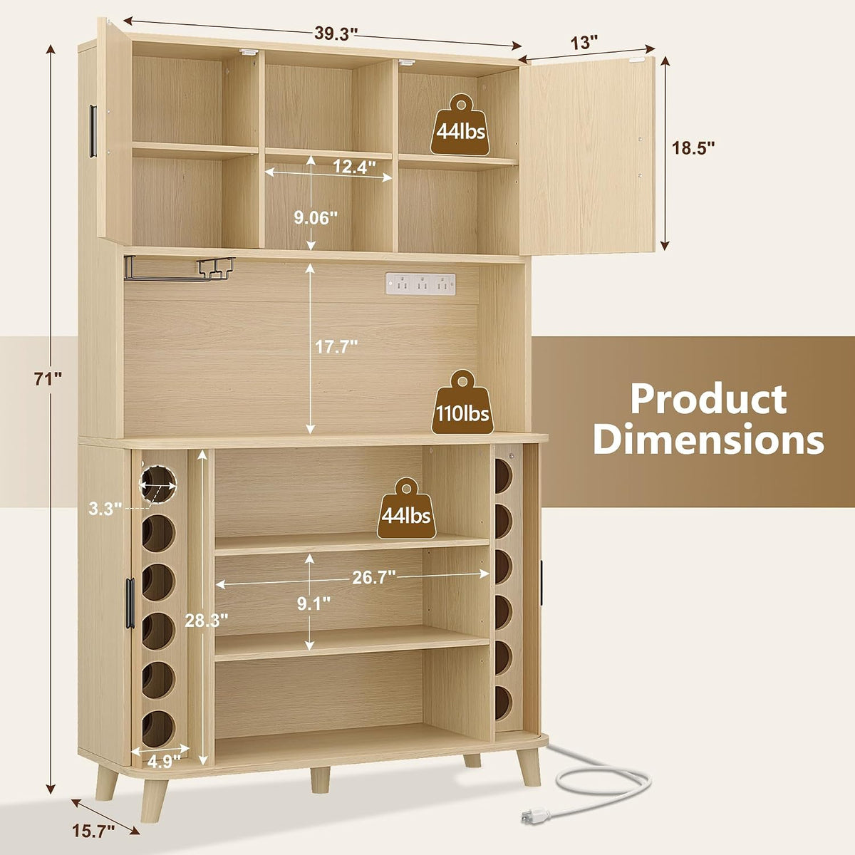 71'' Modern Kitchen Pantry Cabinet with Sliding Tambour Doors& Adjustable Shelves, Built-in Power Outlet, Food Storage Cabinet (Wood Color)