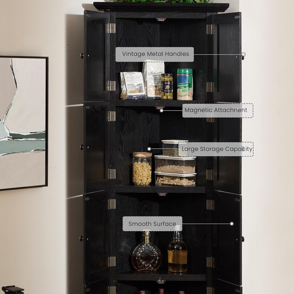 Corner Storage Cabinet 72" H Wooden Kitchen Pantry with 8 Doors, Freestanding Bookshelf Cabinet with Adjustable Shelves for Living Room (Black & Style 2)