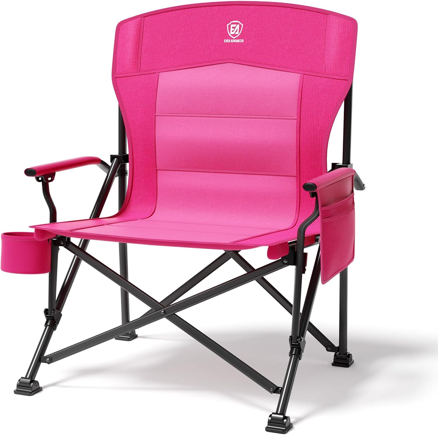EVER ADVANCED Oversized Folding Women Camping Chair, for Adults Heavy Duty Lawn Chair with Side Pockets, Portable Collapsible Quad Chair for Outside, Support Up to 500lbs, Pink
