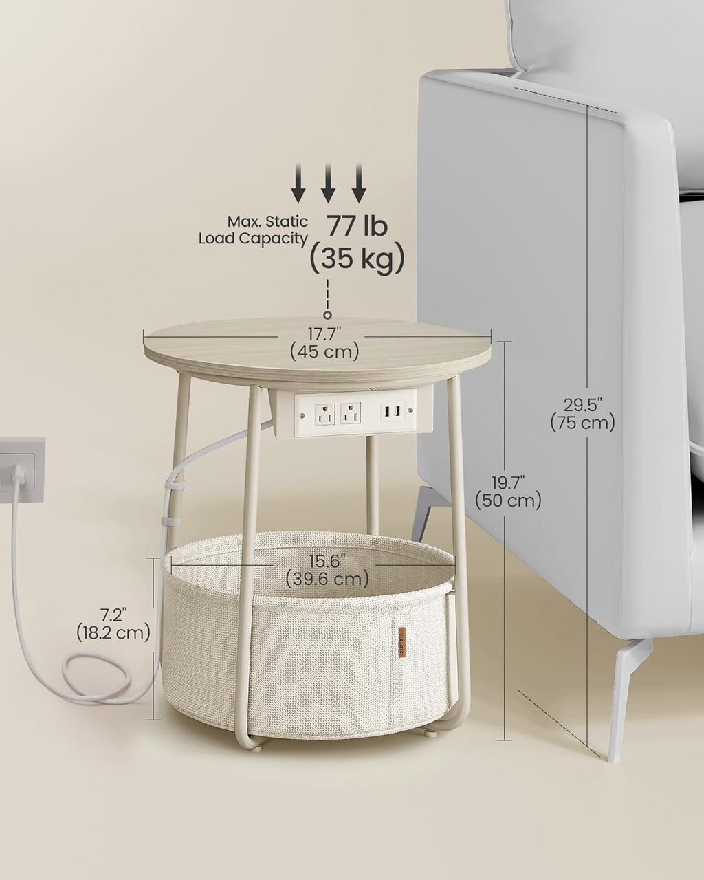 VASAGLE LILEA Collection - Side Table with Charging Station, Round End Table with Fabric Basket, Nightstand with USB Ports, for Living Room, Bedroom, Modern, Cream White ULET228N01