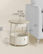VASAGLE LILEA Collection - Side Table with Charging Station, Round End Table with Fabric Basket, Nightstand with USB Ports, for Living Room, Bedroom, Modern, Cream White ULET228N01