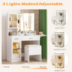 NUNU LAB 42 Inchs Large Vanity Desk with Mirror and Lights | 6 Drawers and 4 Cabinets, Big Women Makeup Table with Power Outlet, 3-Color Adjustable Lighting for Bedroom Brown