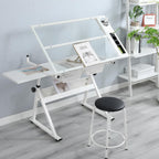 Drafting Table w/Stool, Height Adjustable Drawing Table, Multifunctional Art Craft Paintings Work Station w/2 Storage Drawers Artists Desk Tilting Glass Tabletop for Home Office Black (White)