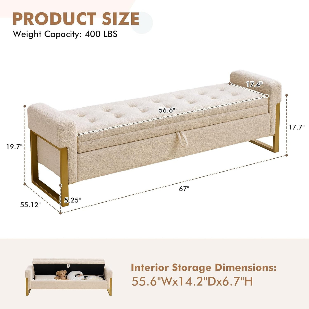 67" Storage Bench for Bedroom, King Size End of Bed Bench, Upholstered Storage Ottoman Bench with Golden Metal Legs, Bedroom Bench for Entryway (Teddy Beige)