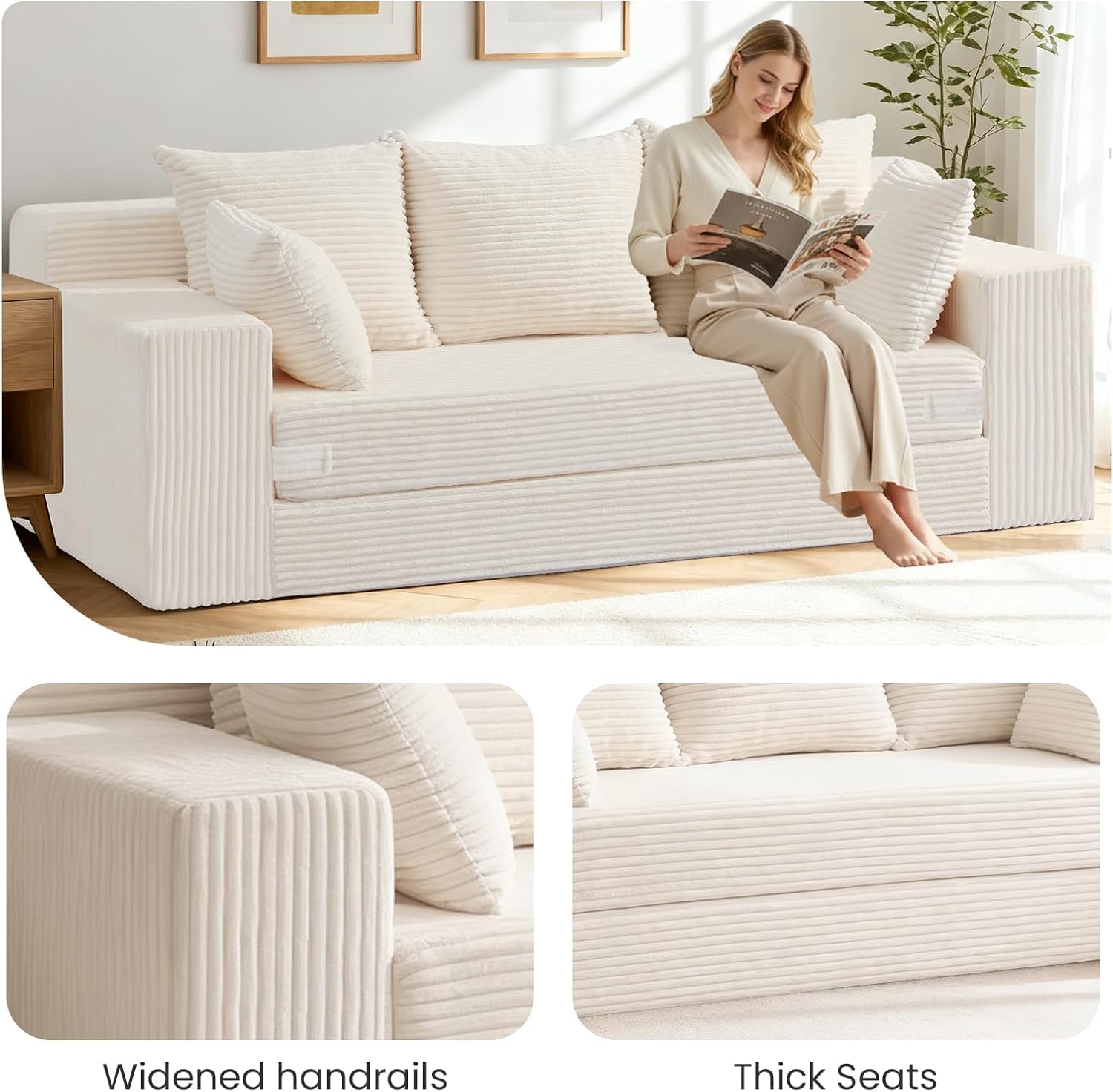 Couch 70 inch, 3 Seater Couch with Pull Out Bed, Loveseat Oversize Beige Futon Couch Floor Bed with 5 Pillows for Living Room Bedroom Lounge Small Space