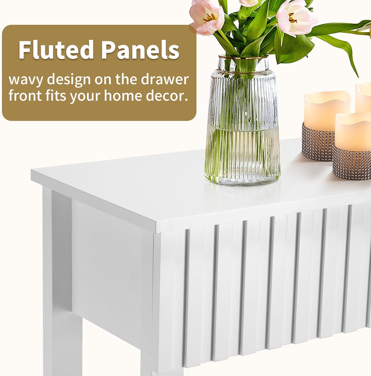 Karl home 51" White Console Table with 3 Fluted Drawers, Modern Sofa Table with Open Storage Shelf for Living Room, Foyer Hallway