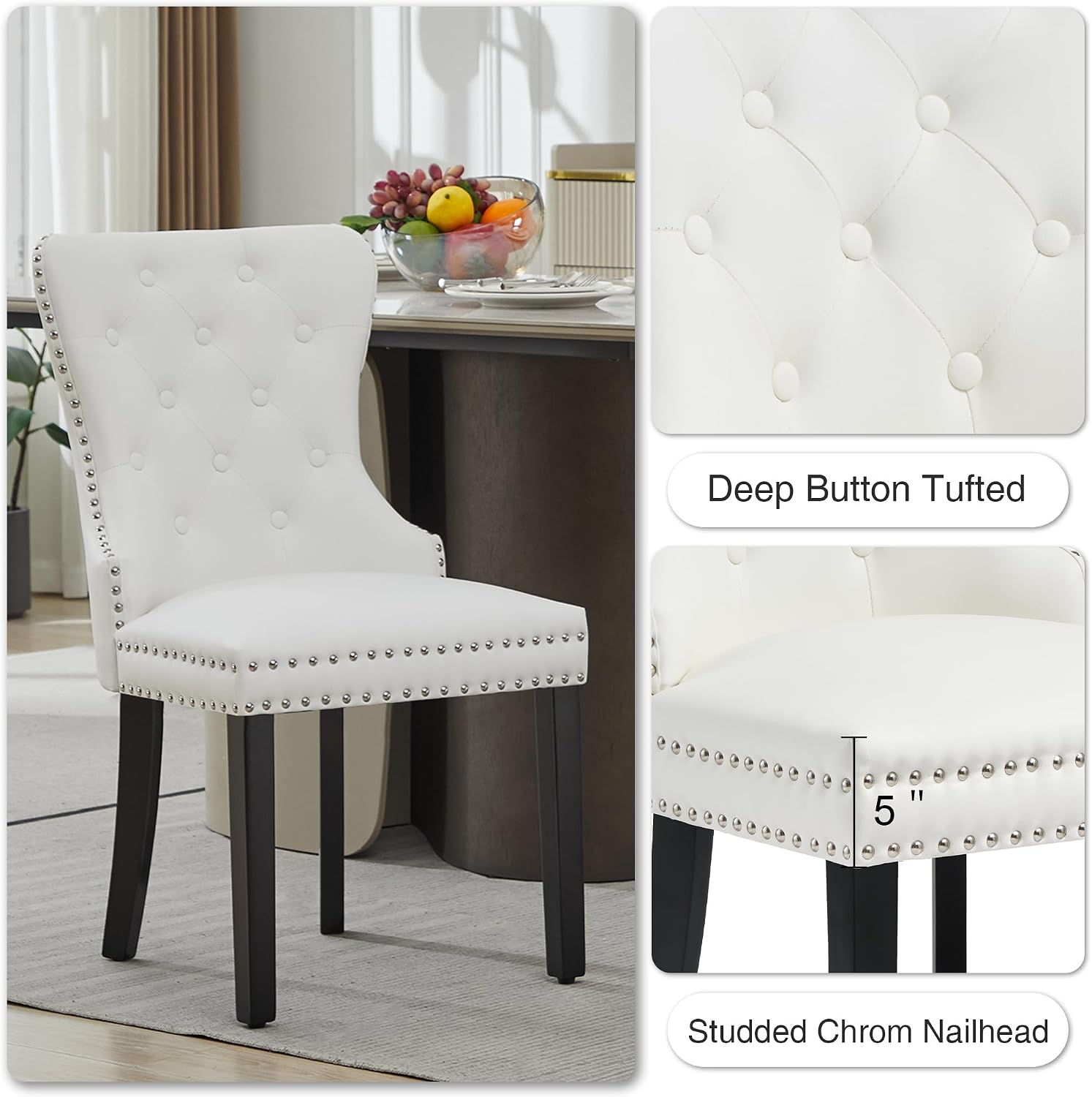 PU Leather Dining Chairs Set of 6, Upholstered Dining Room Chairs with Solid Wood Legs & Back Ring Pull Trim Ring, Modern Dining Chairs Perfect for Dining Room,Living Room,Kitchen, White