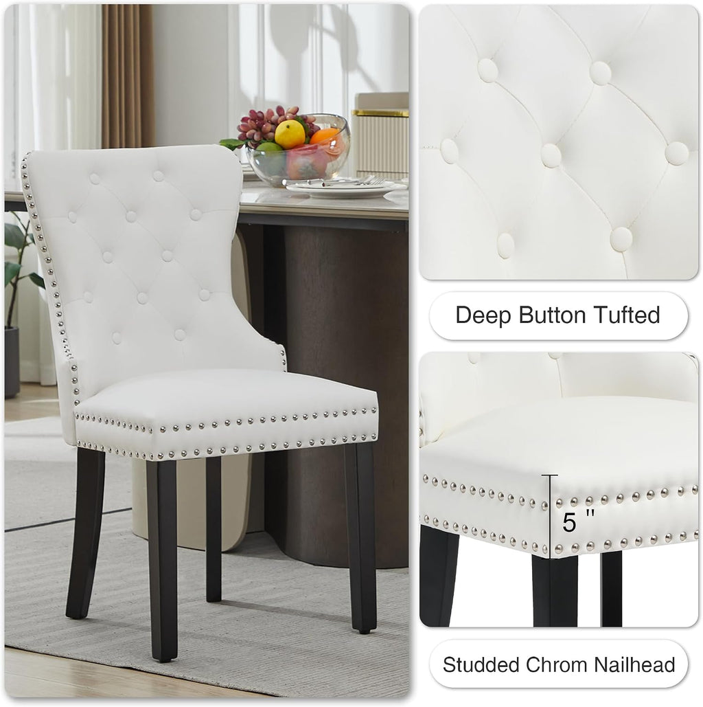 PU Leather Dining Chairs Set of 4, Upholstered Dining Room Chairs with Solid Wood Legs & Back Ring Pull Trim Ring, Modern Dining Chairs Perfect for Dining Room,Living Room,Kitchen, White