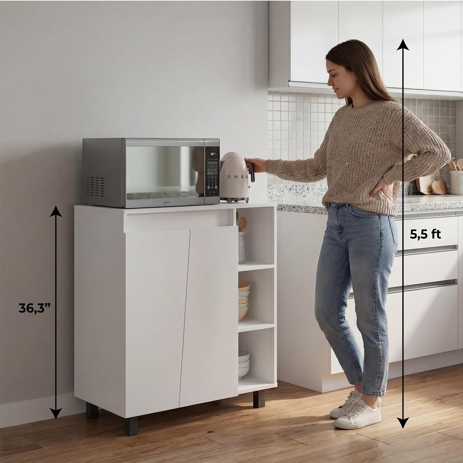 Tuhome Cesna Microwave Sideboard Kitchen Pantry Cabinet, 36.3" Freestanding Pantry Storage with 2 Doors, 5 Shelves & Appliance Surface, White Engineered Wood