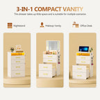 Small Makeup Vanity Desk with Flip up Mirror and Lights(White) | 3 in 1 Vanity Table with Charging Station,Glass Top,3 Drawers,Compact Dressing Table with Wheel Storage Stool for Bedroom