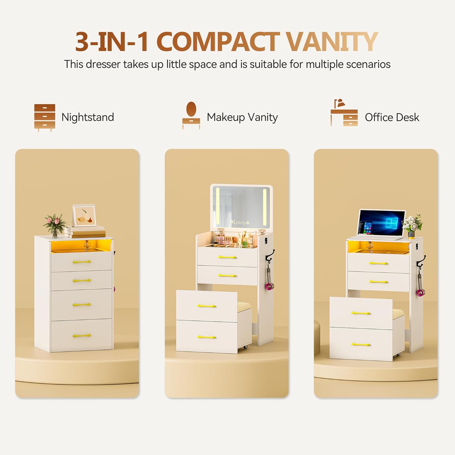 Small Makeup Vanity Desk with Flip up Mirror and Lights(White) | 3 in 1 Vanity Table with Charging Station,Glass Top,3 Drawers,Compact Dressing Table with Wheel Storage Stool for Bedroom