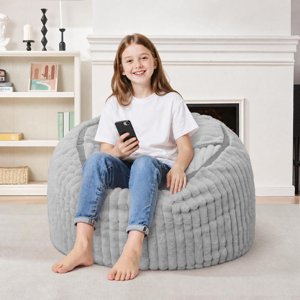 2FT Bean Bag Chair 2'Bean Bag Chairs with Memory Foam Filled Small Bean Bag | Bean bags with Machine Washable Cover Corded Plush Fabric, Comfy Chairs for Living Room, Bedroom, Dorm, Lightgrey